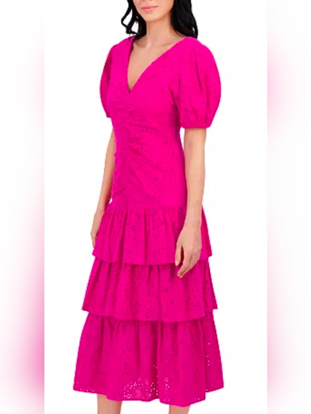 Kensie Hot Pink Women's Emboridered Layered Puff-Sleeve - Picture 4 of 7